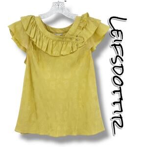Leifsdottir Anthropologie 100% Silk Ruffle Blouse Gold Floral Texture Womens 0